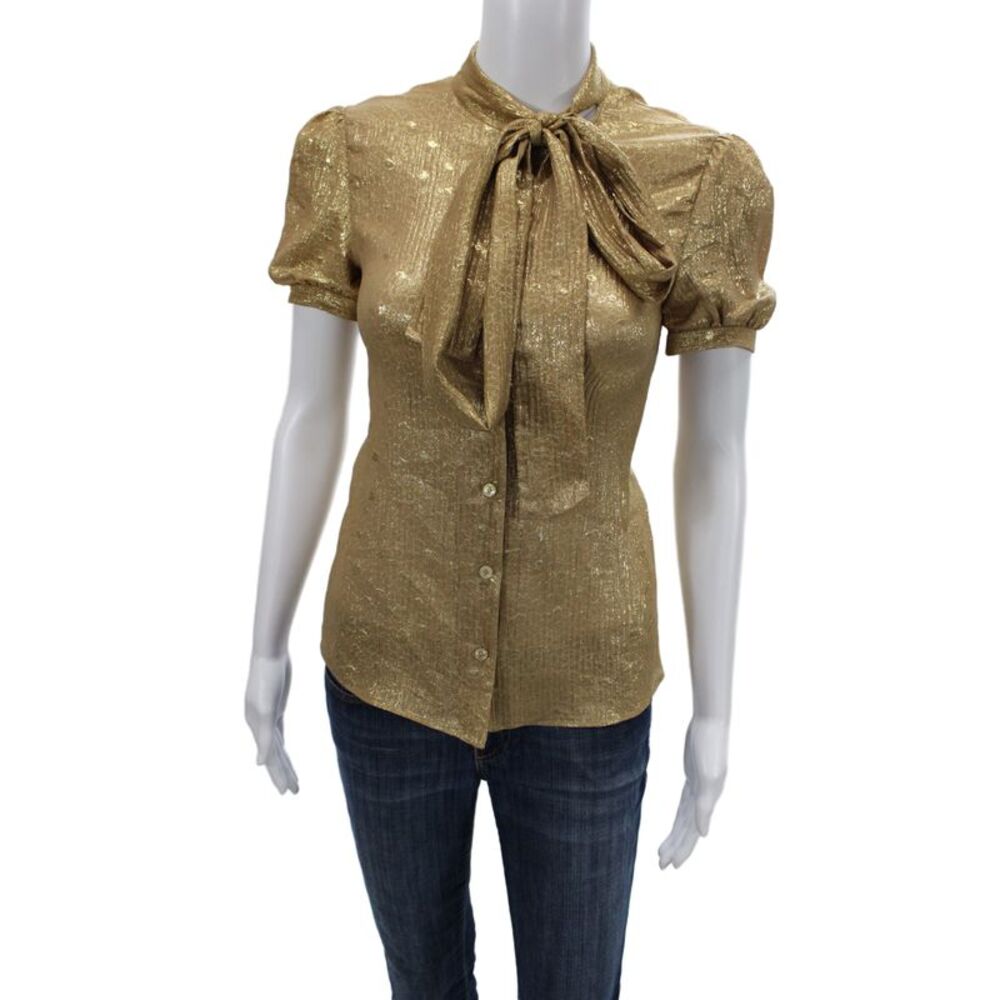 Celine Women Beige High Neck Button Up Blouse Short Sleeve Size S